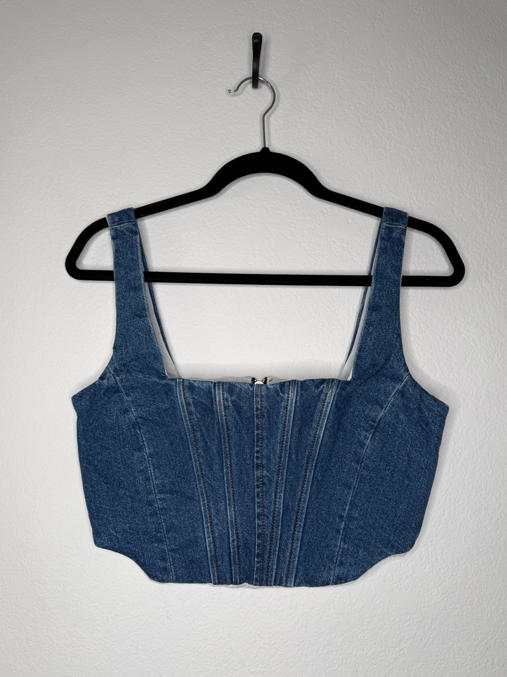 Gianni Bini Blue Denim Corset Crop Top Cotton Wide Strap Zip Back Size 6